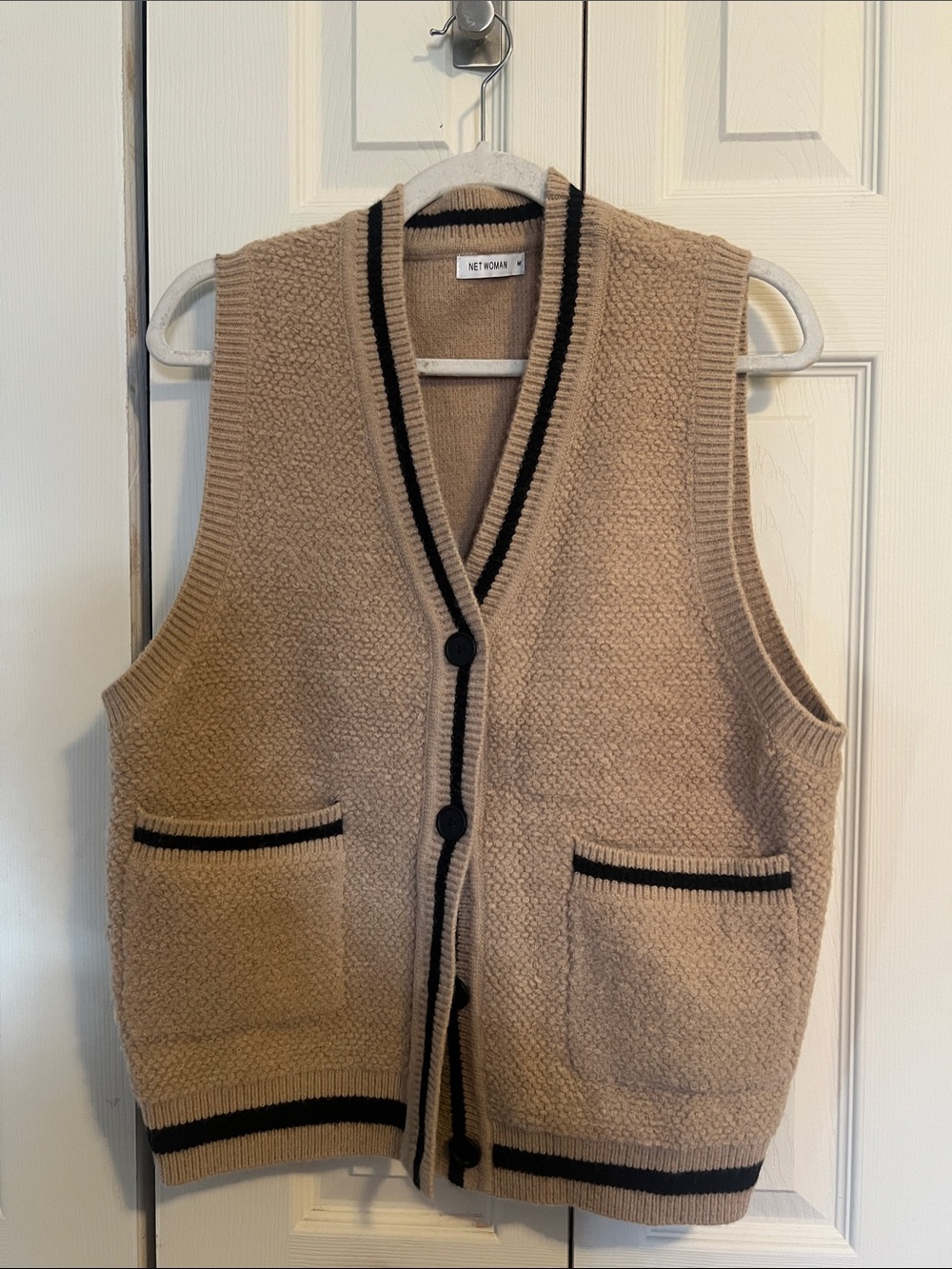 Women's Tan Knit Cardigan Vest with Black Trim